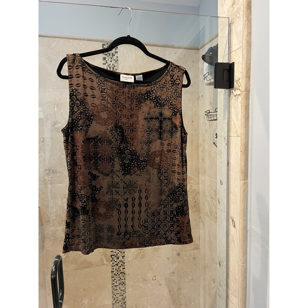 Chico's Travelers Size 2 Tank Shell Top Blouse Tan Brown Paisley XL